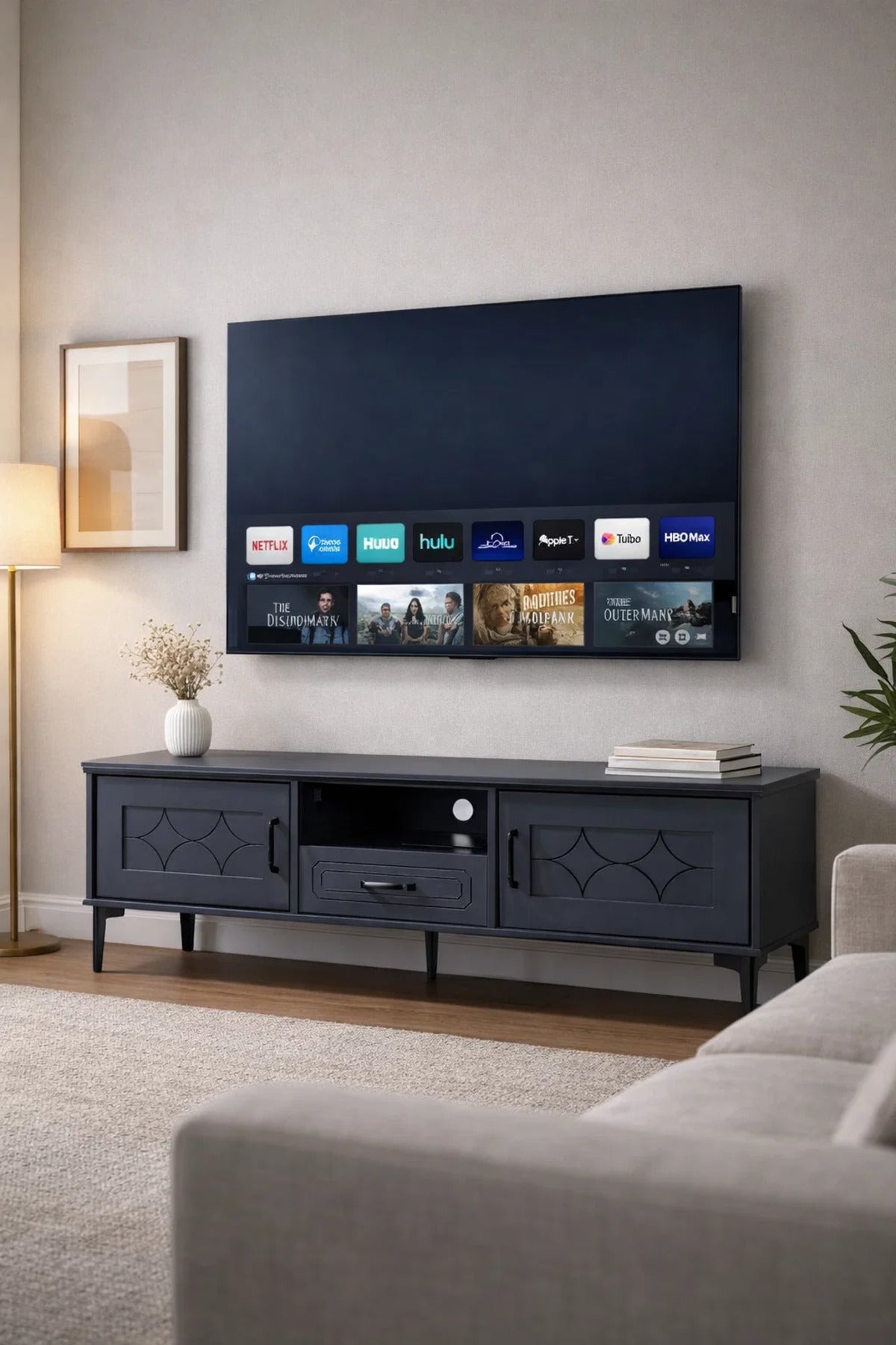 Dark Grey TV Table 140cm Modern Media Unit with Drawers and Cabinets for Stylish Living Room Decor