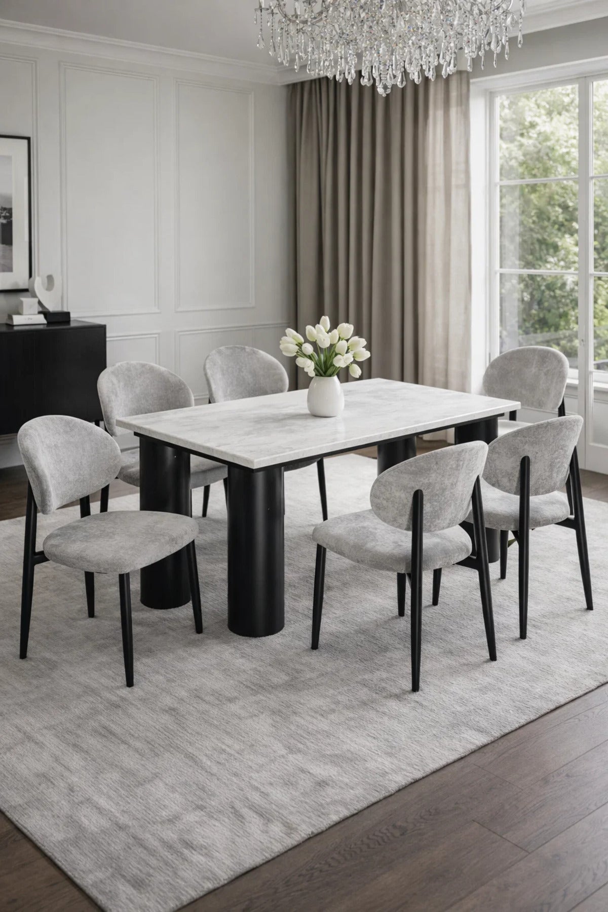 Modern Marble Top Dining Table Set with 6 Upholstered Chairs 180x100x75cm modern marble