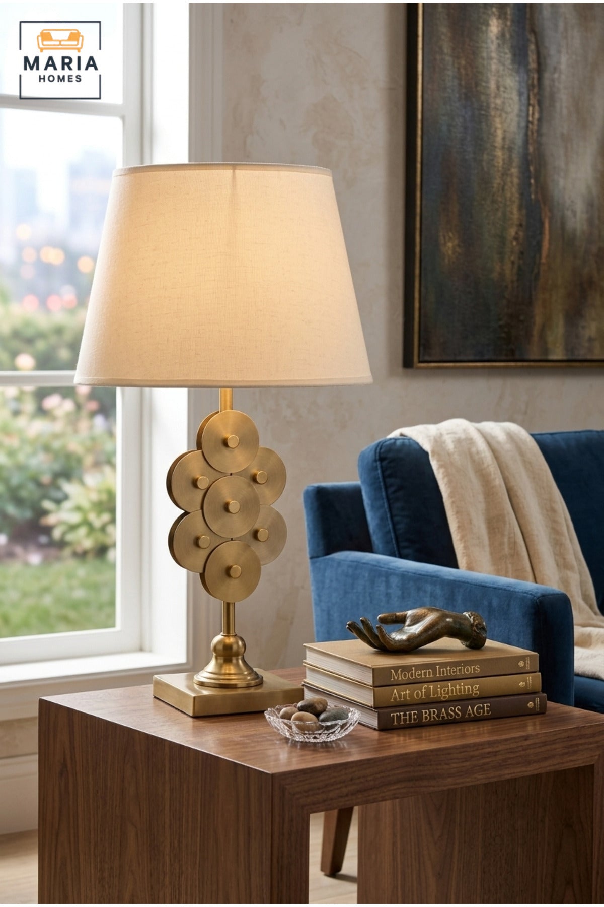 Luxury Decorative Disc Table Lamp with White Fabric Shade, Antique Gold Tone Sculptural Base for Bedroom, Living Room, Office, Hotel and Bedside Décor