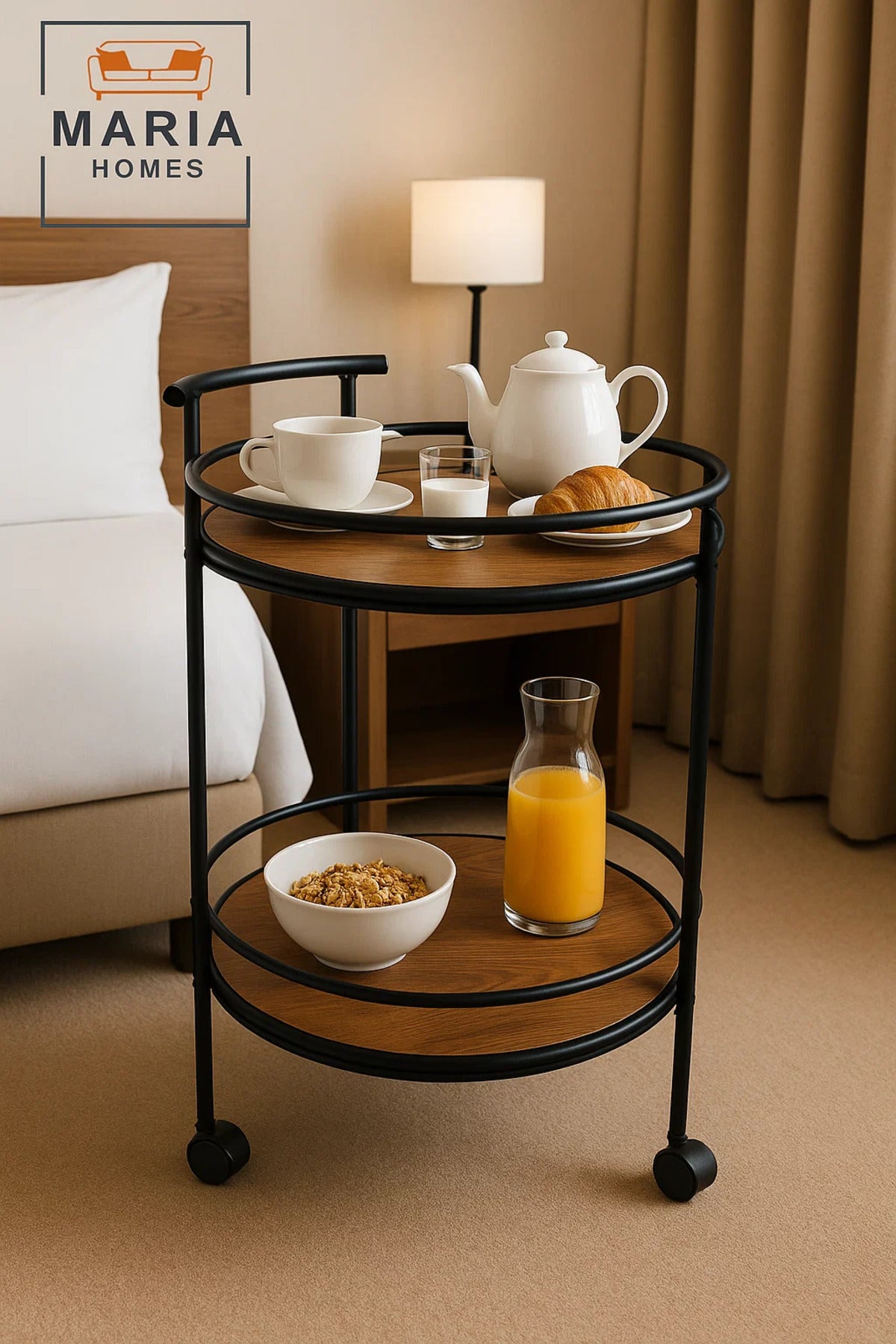 Round 2-Tier Wooden Serving Trolley with Black Metal Frame and Wheels