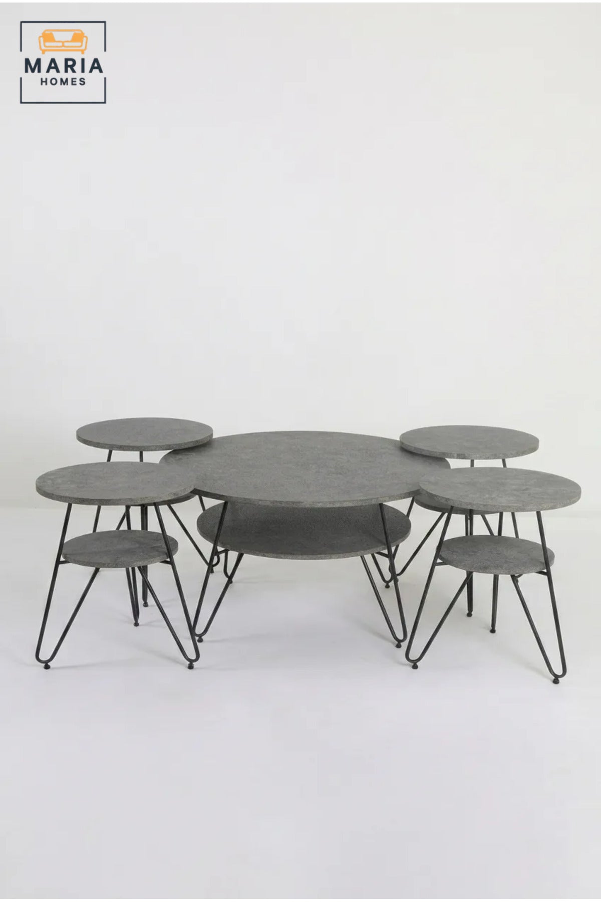 Modern Five-Piece Round Coffee Table Set with Four Nesting Side Tables, Lower Storage Shelves and Hairpin Legs for Living Room, Lounge and Office