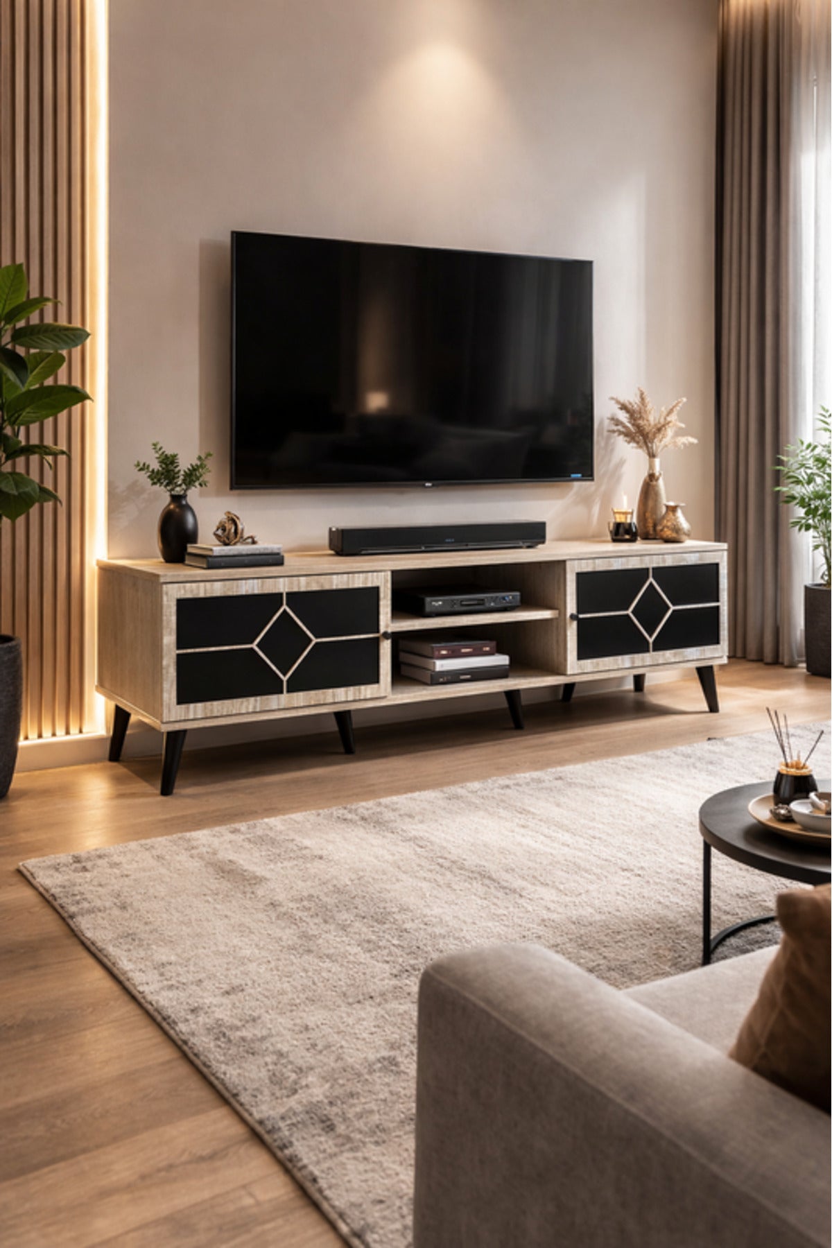 Modern Beige TV Stand with Storage Cabinets 180 _ 40 _ 45 cm