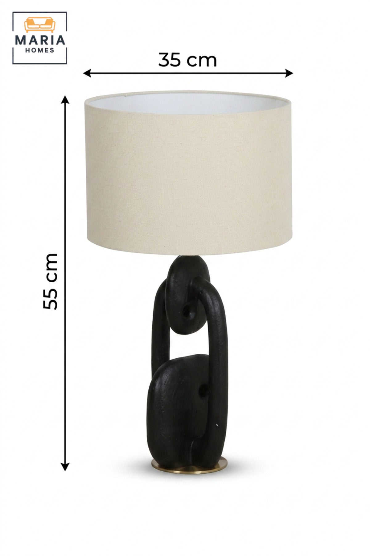 Modern Abstract Black Table Lamp with Beige Drum Fabric Shade and Sculptural Chain Link Base for Bedroom, Living Room, Office, Hotel and Bedside Décor