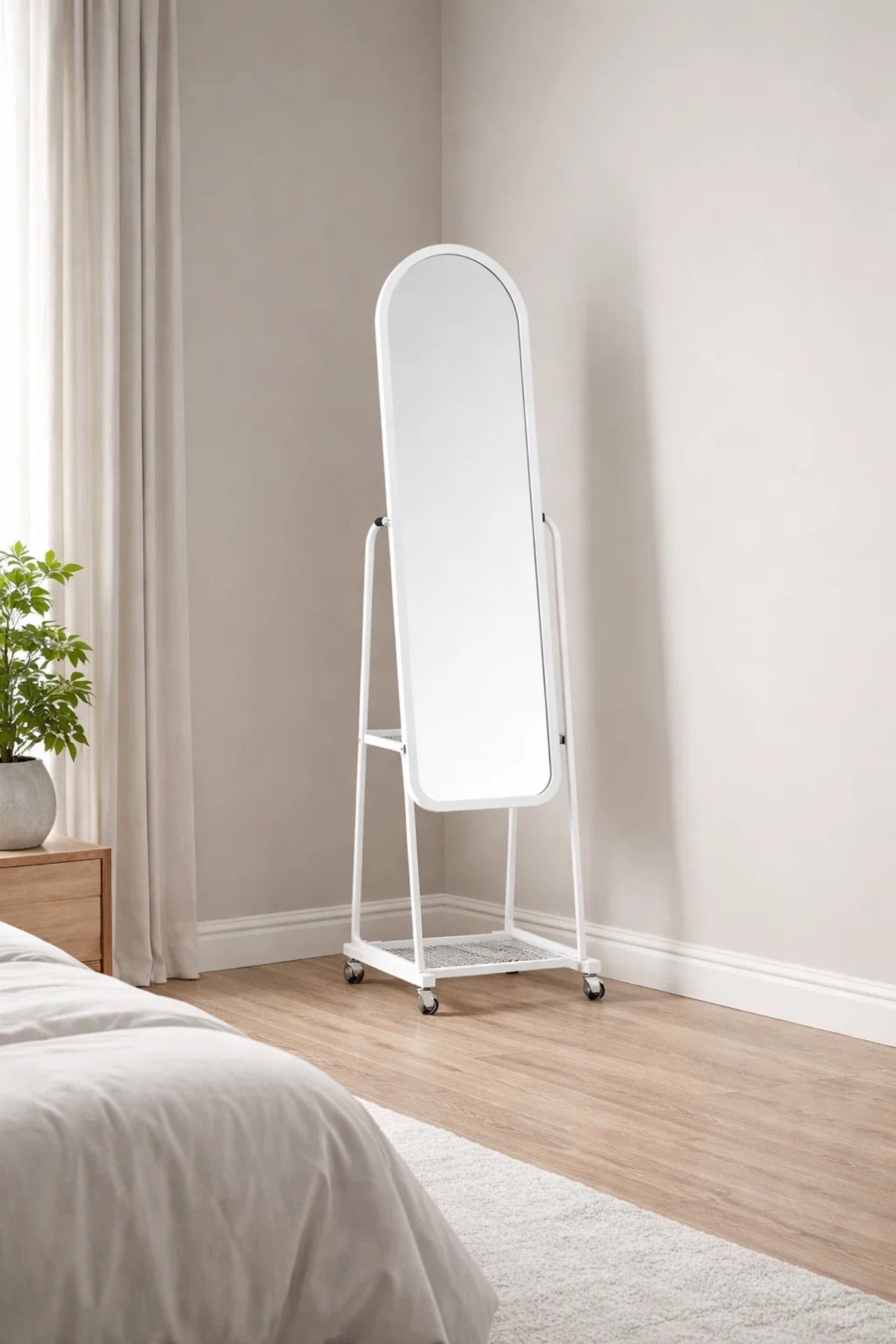 Modern White Standing Floor Mirror on Wheels Adjustable Angle with Storage Rack for Bedroom Home
