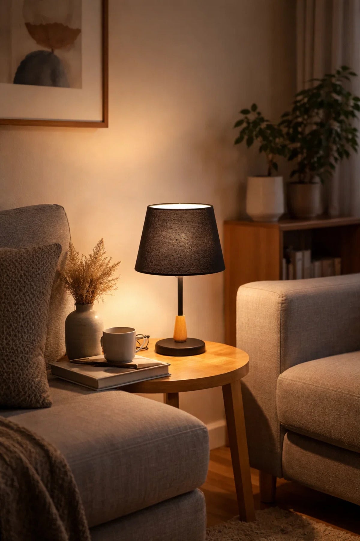 Modern Table Lamp with Fabric Shade and Wooden Base Accent for Home Decor modern table