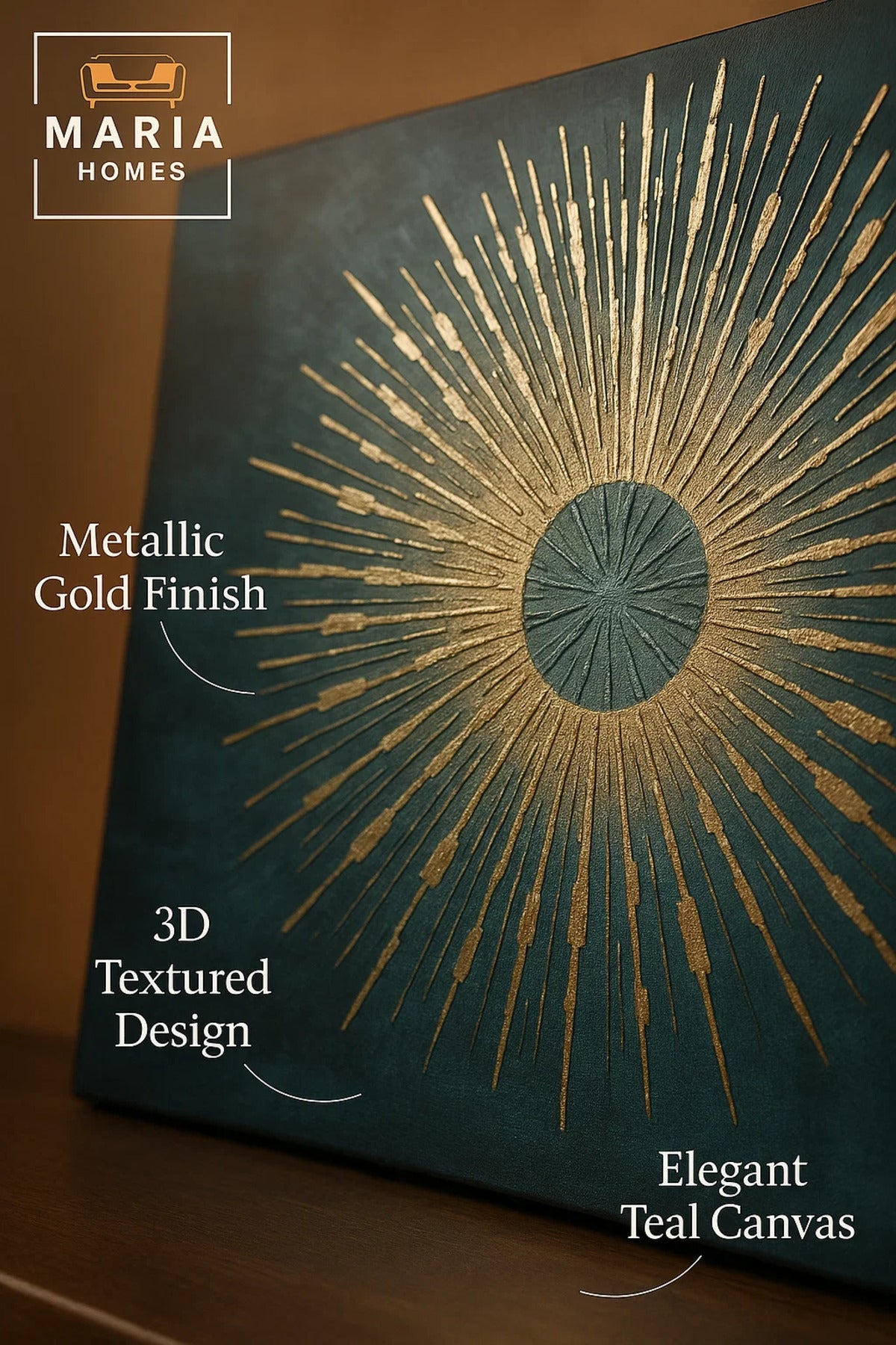 Framed Abstract Wall Art Ð Golden Sunburst on Textured Teal Background and Size 102*152 cm