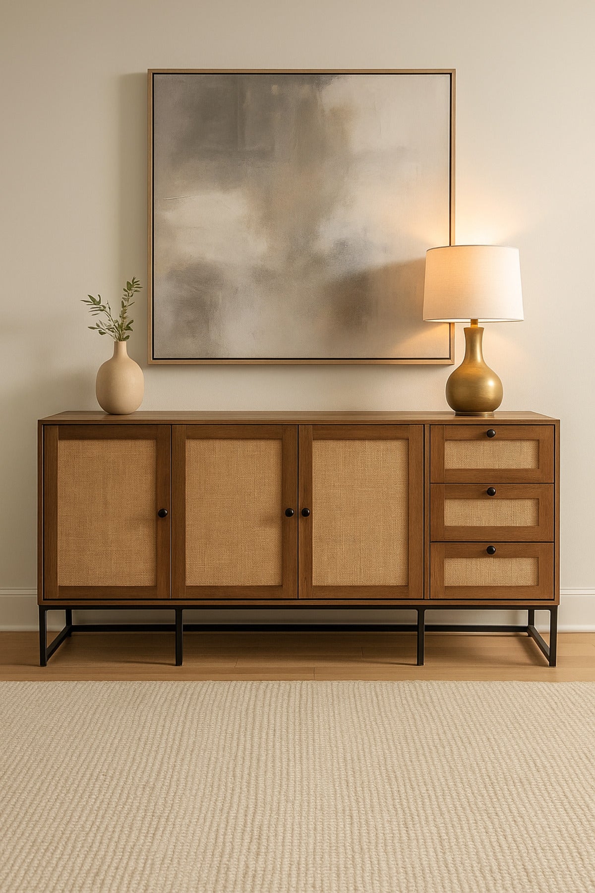 Walnut Rattan Console Table 160_40_85 cm Ð Modern Wooden 4-Door Storage Cabinet with 3 Drawers