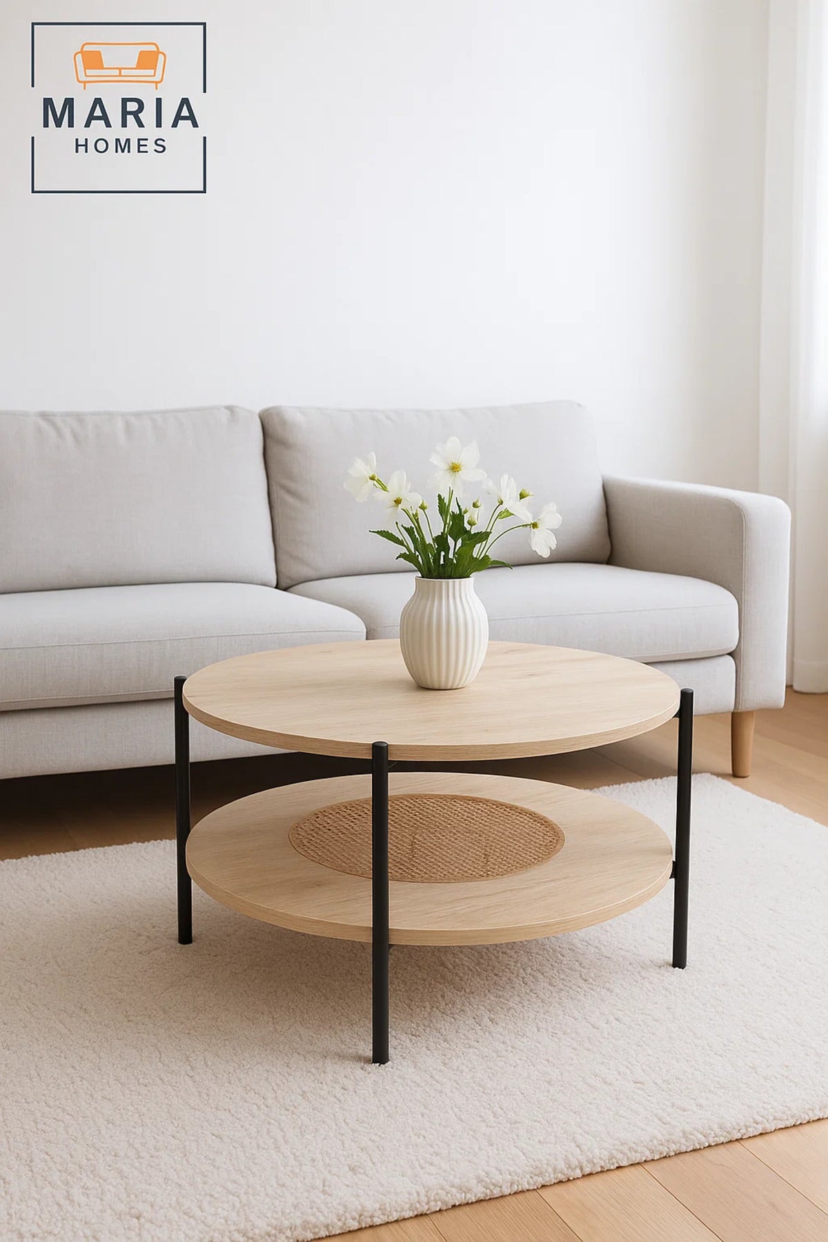 Round Light Wood Coffee Table √ê Modern Side Table with Storage Shelf 90_90_45 cm