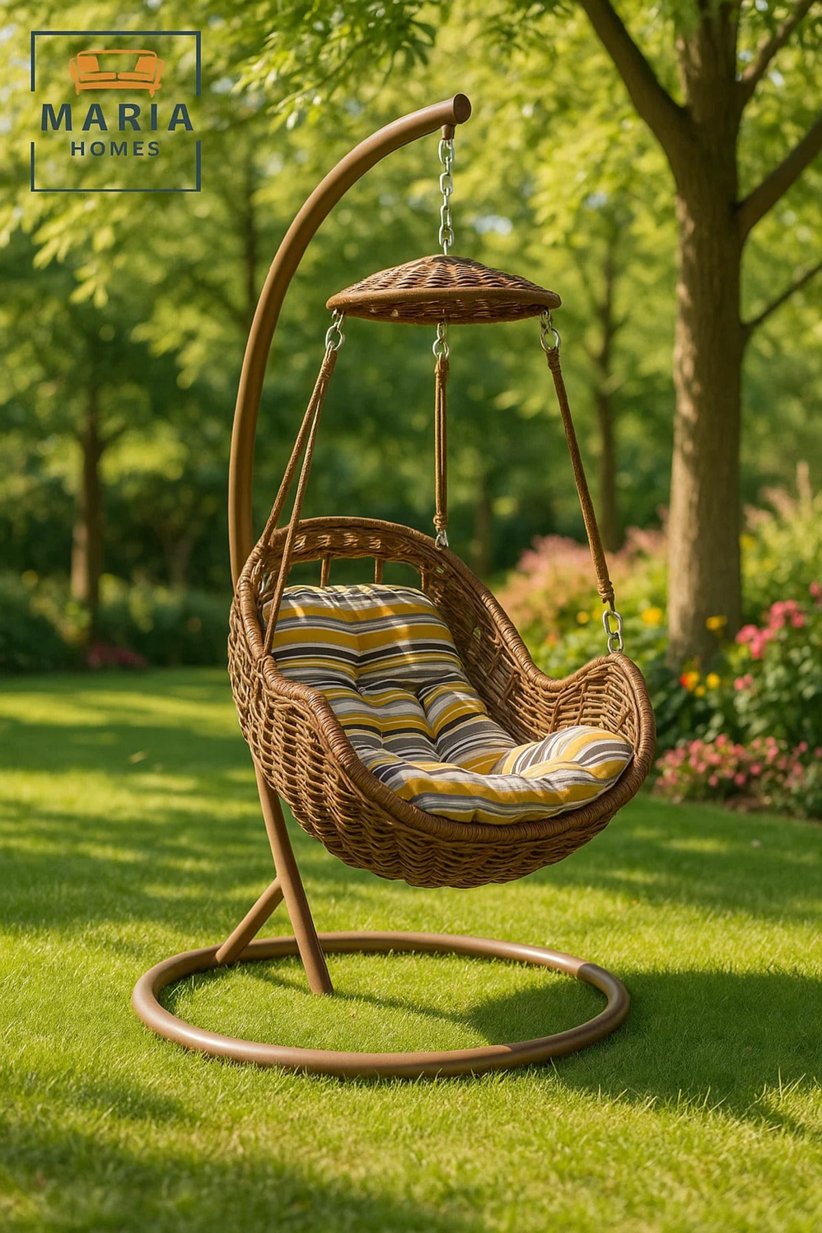 Modern Grey Rattan Hanging Swing Chair with Stand and Canopy for Outdoor Garden Patio Balcony