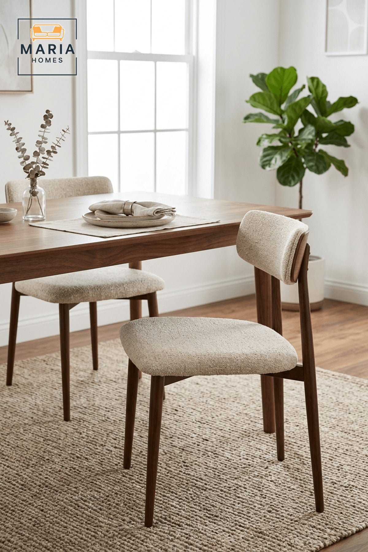 Beige Upholstered Dining Chair with Wooden Legs and Curved Backrest