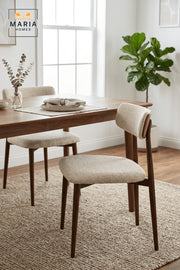 Beige Upholstered Dining Chair with Wooden Legs and Curved Backrest
