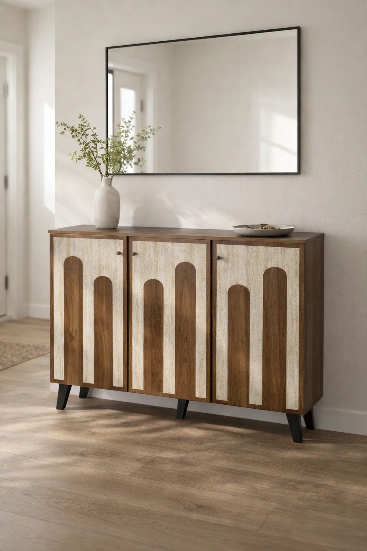 Dark Brown and Beige Shoe Cabinet with Decorative Panel Design 120 x 32 x 93 cm