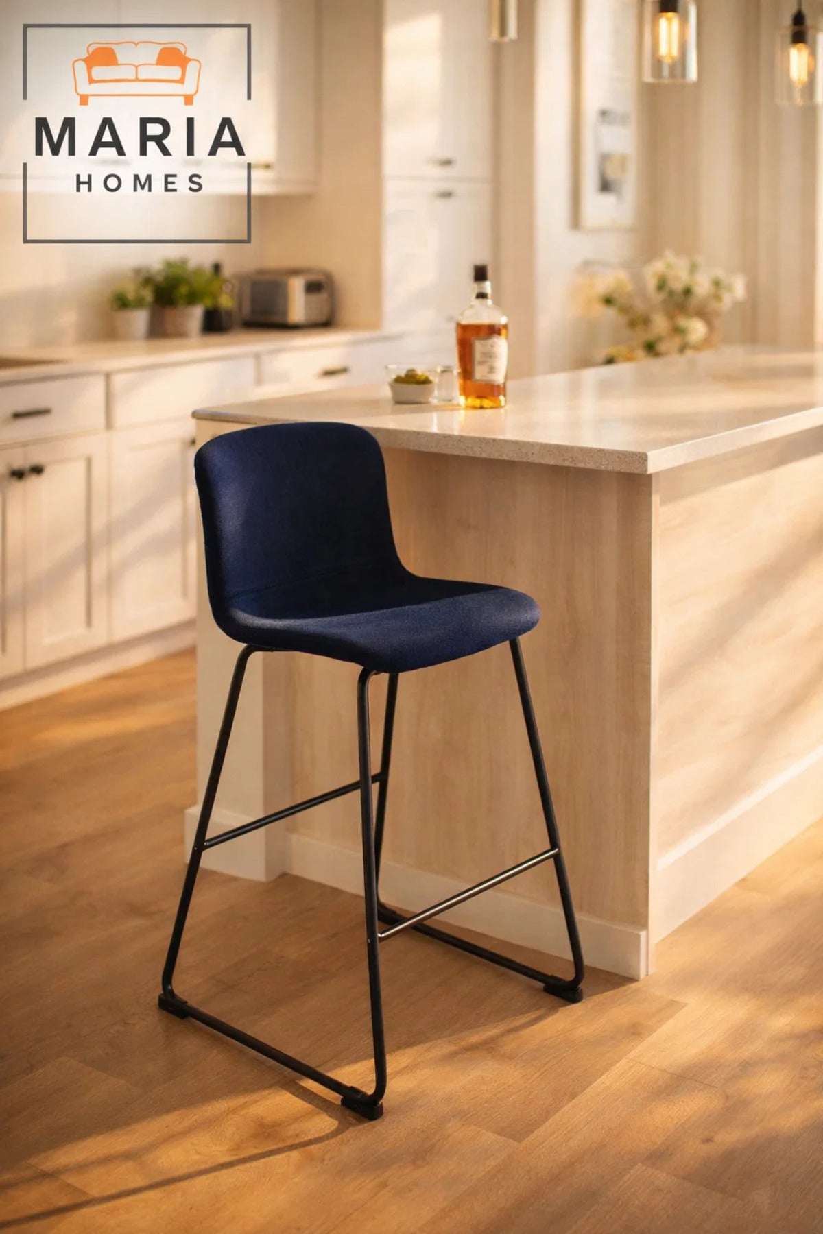 Blue Upholstered Bar Stool with Black Metal Frame Ð Modern Counter Chair