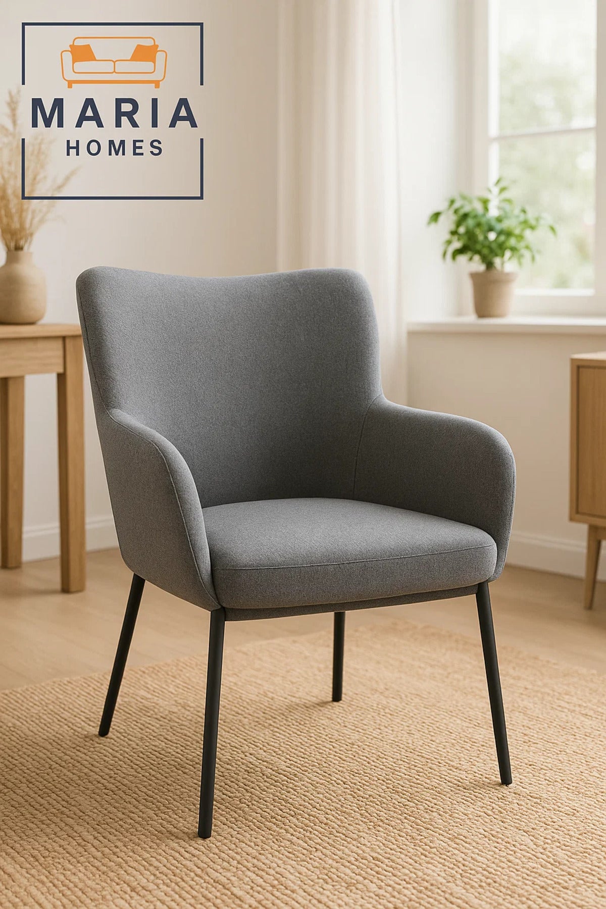 Grey High Back Lounge Chair Ð Upholstered Armchair with Black Metal Legs for Home, Office or Lobby
