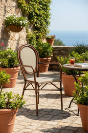 Modern BEIGE&COFFEE Outdoor Rattan Armchair with Woven Seat & Metal Frame