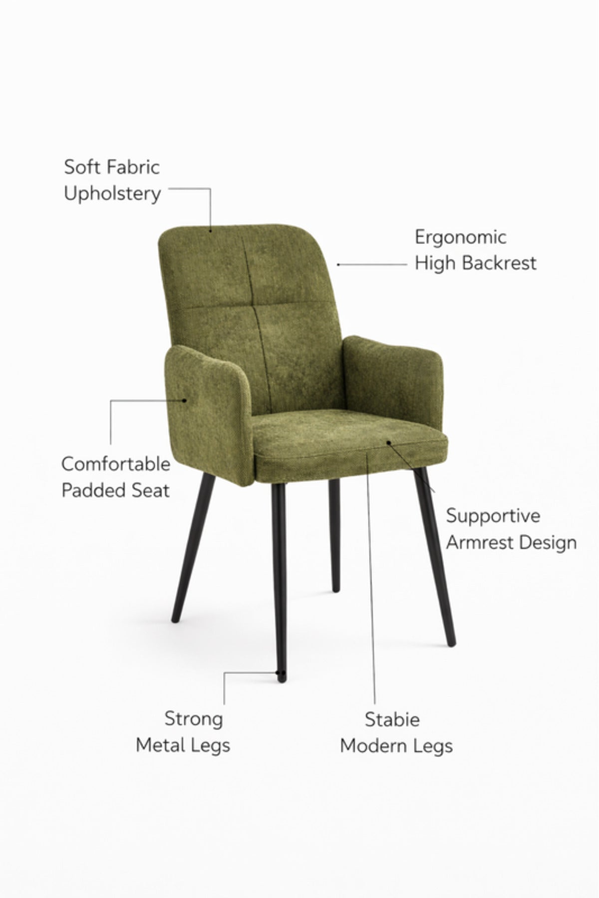 Green Armchair with Black Metal Legs, 90x55x47 CM green armchair Dining Room Chair