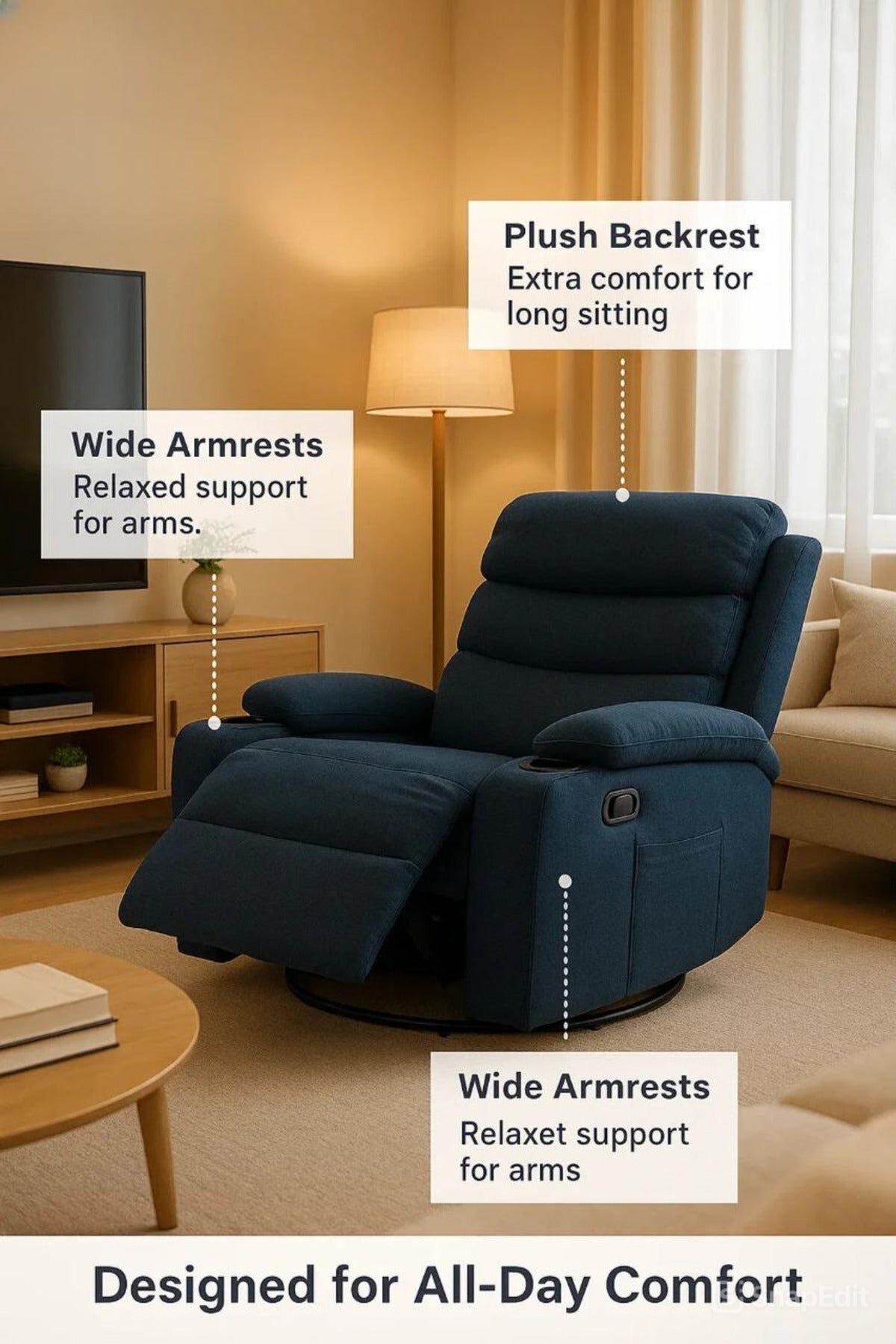 Dark Blue Recliner Chair with Cup Holders Ð Soft Fabric, Swivel & Recline