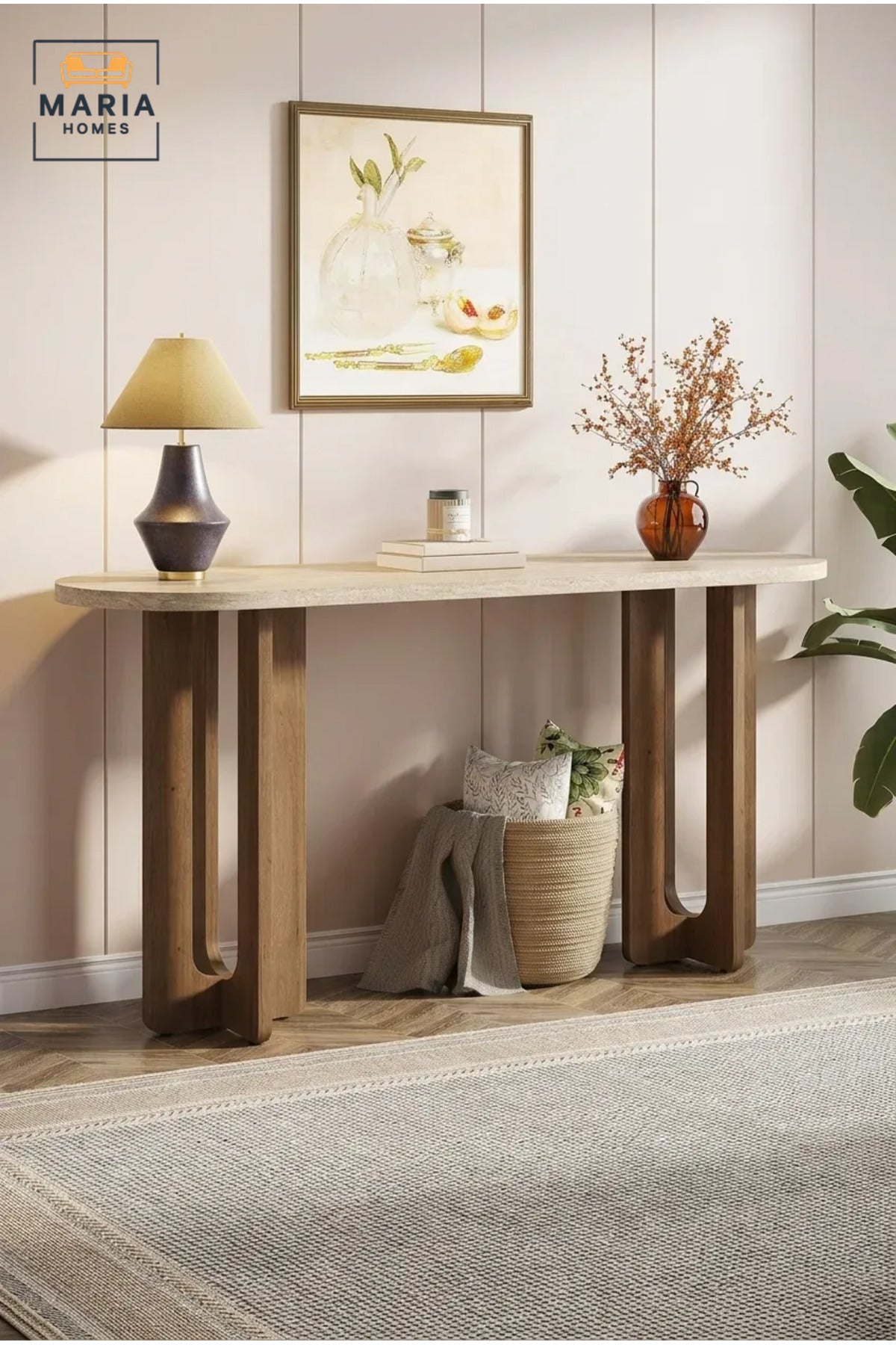 Modern Marble Top Console Table with Wooden Base for Entryway, Hallway & Living Room