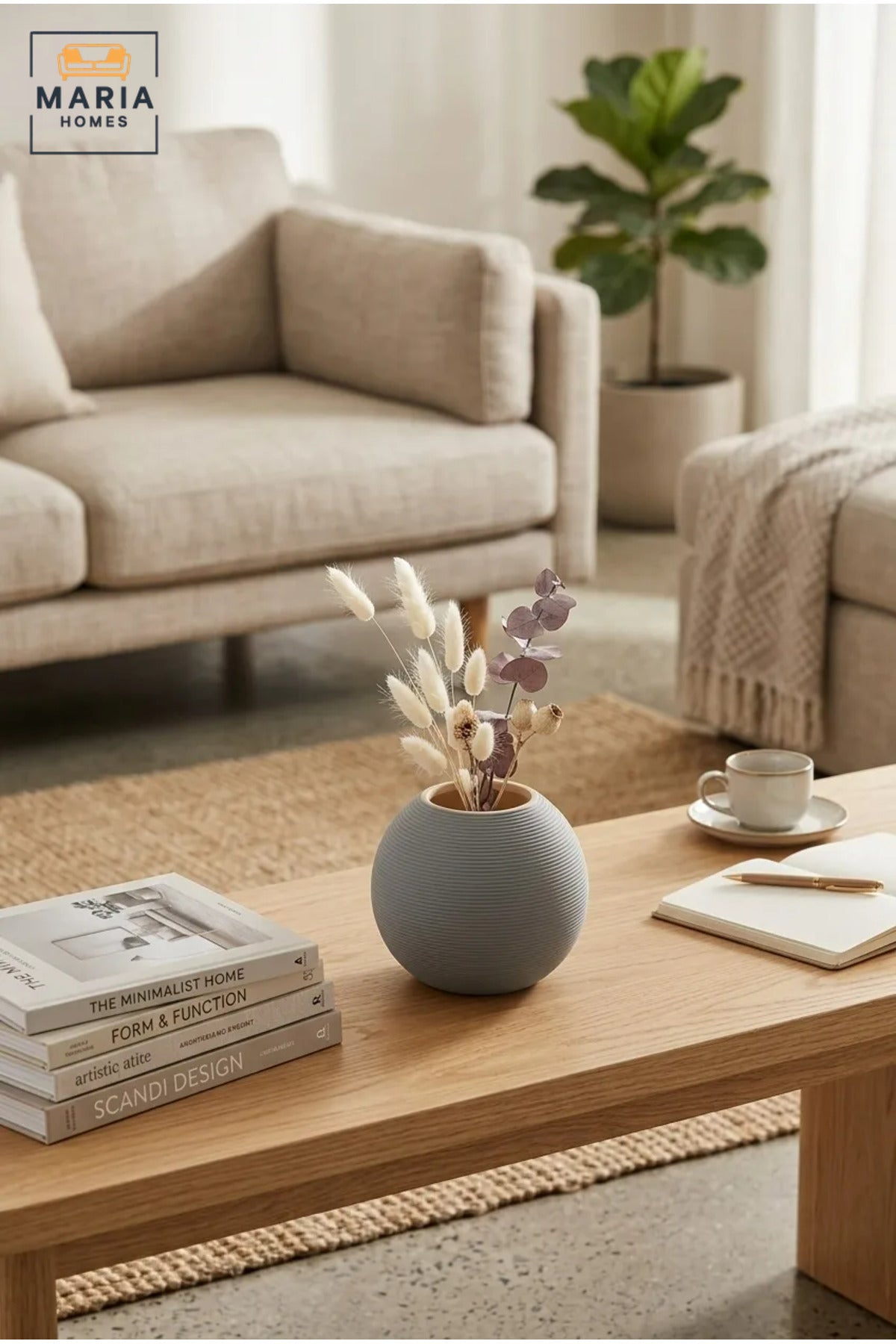 Modern Decorative Flower Vase with Round Shape, Wide Opening and Fine Ribbed Texture for Living Room, Bedroom, Office, Shelf and Console Table Décor