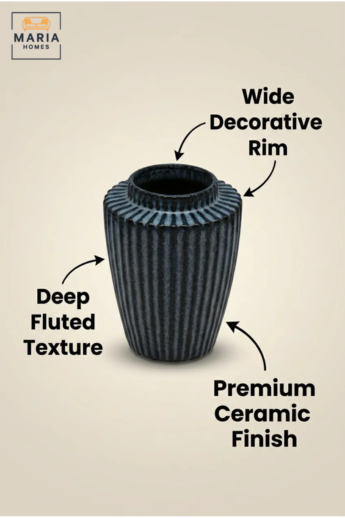 Blue Ribbed Decorative Vase, Modern Tapered Flower Holder with Wide Opening for Dried Flowers, Living Room, Bedroom, Office, Shelf and Table Décor