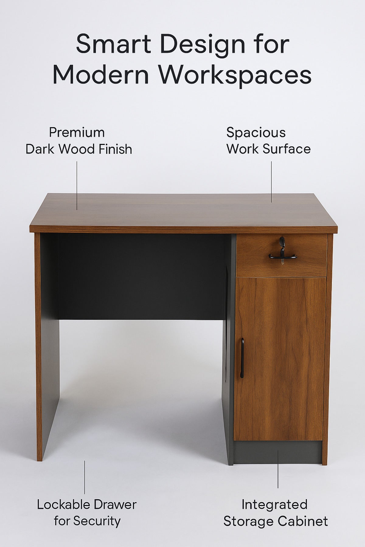 Dark Wood Office Desk 120_60_75 cm Ð Compact Work Table with Storage Cabinet and Lockable Drawer