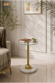 Luxury Round Glass Side Table with White Marble Base and Gold Metal Support