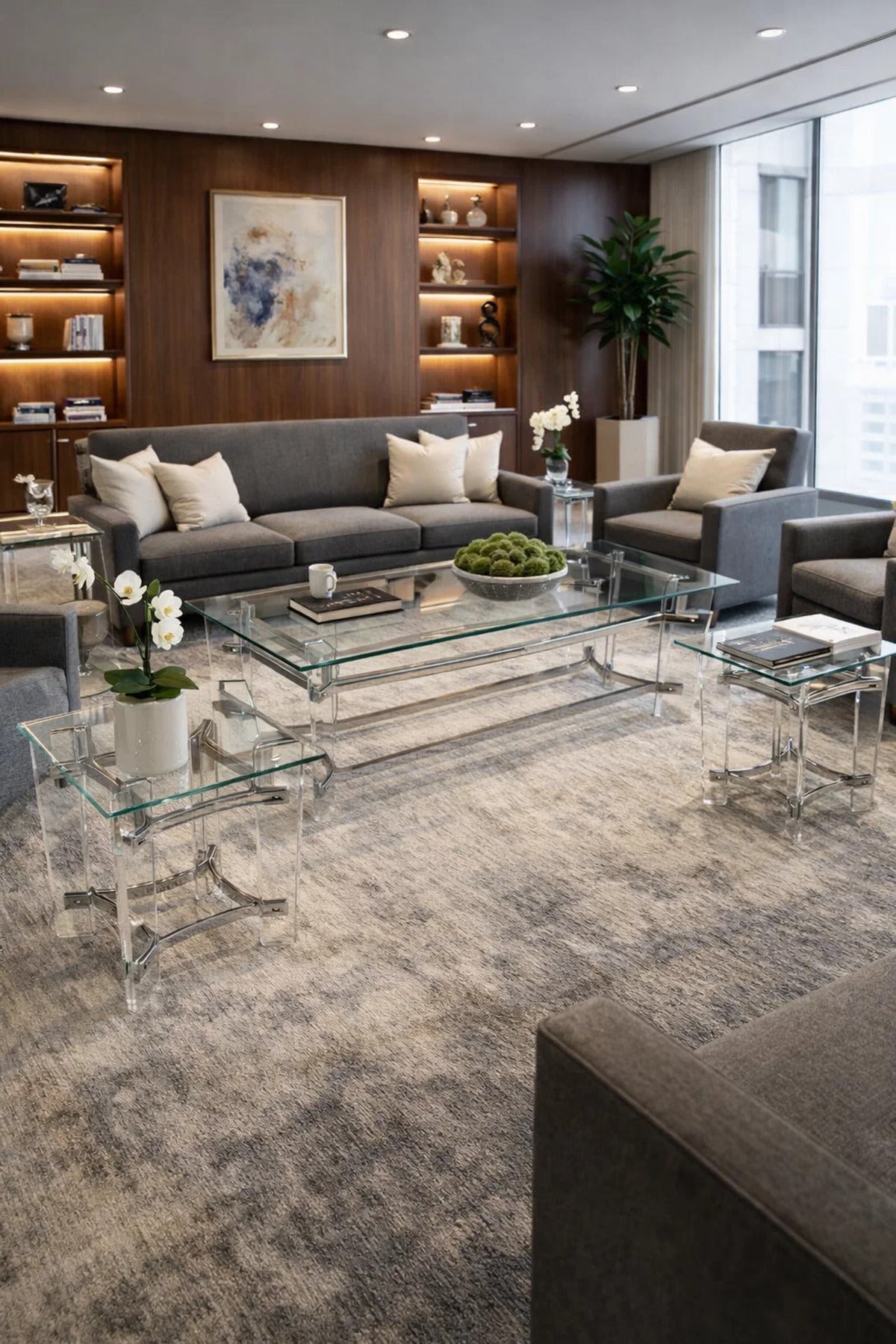 Sleek 5-Piece Glass Coffee Table Set with Silver Acrylic Base √ê Modern Living Room Furniture