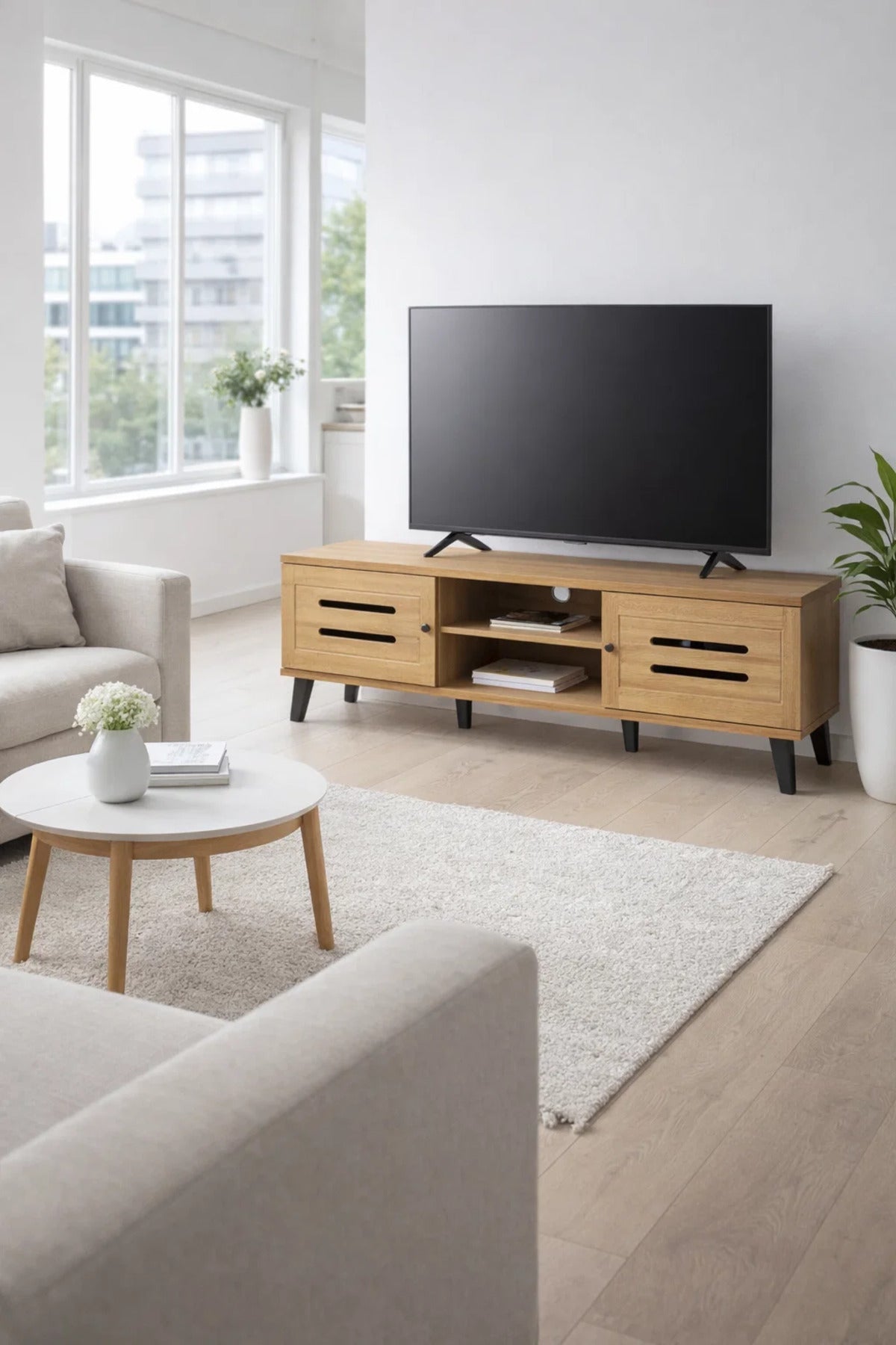 Modern Wooden TV Stand Light Brown with Slotted Front Design 160 x 40 x 44 cm