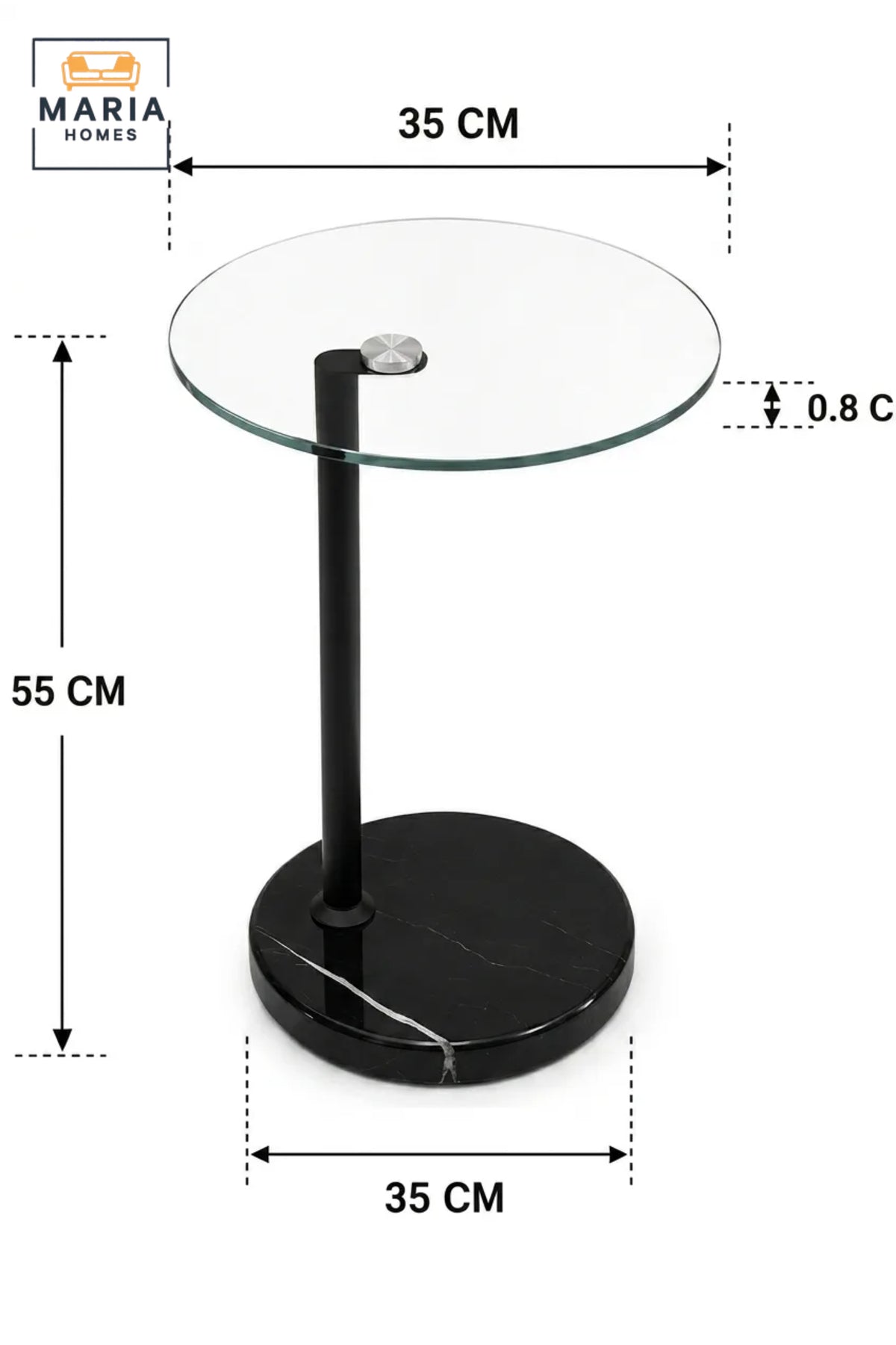 Modern Glass Side Table √ê Round Tempered Glass Accent Table with Black Marble Base for Living Room, Bedroom & Lounge
