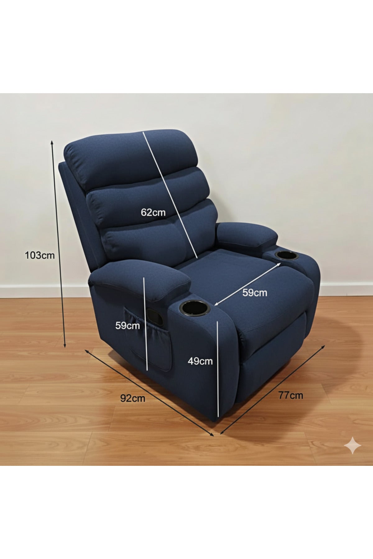 Dark Blue Recliner Chair with Cup Holders Ð Soft Fabric, Swivel & Recline