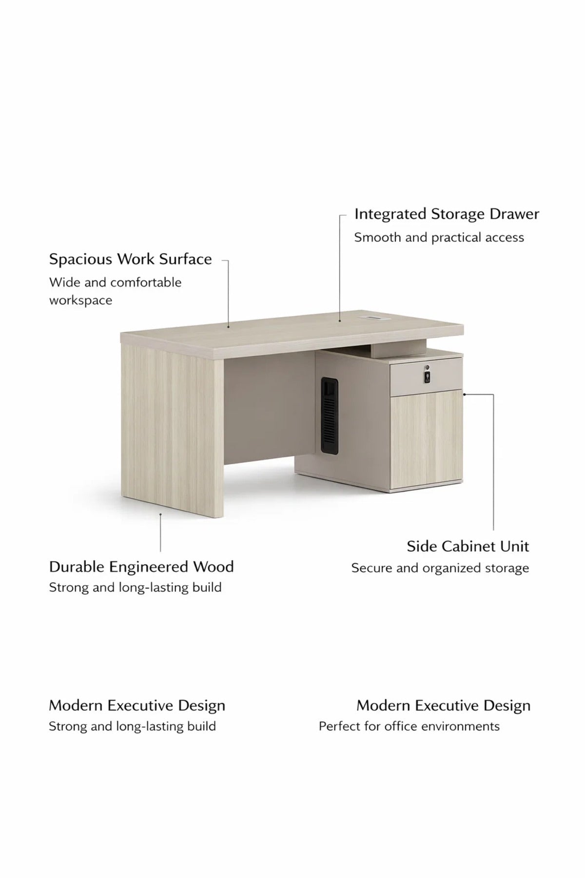 Modern Beige Office Desk 140cm with Side Cabinet and Lockable Drawer for Professional Workspace