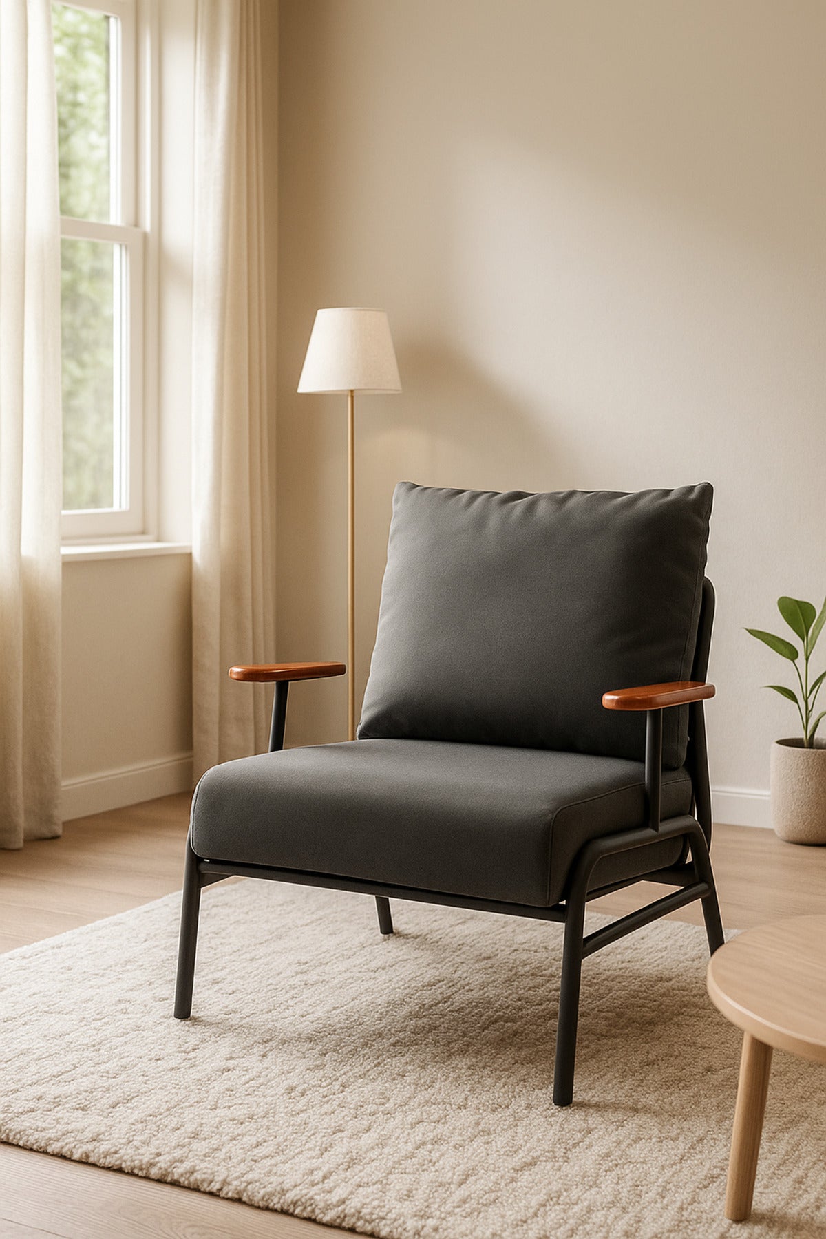 Modern Gray Lounge Chair Ð Metal Frame Accent Chair with Wooden Armrests and Cushioned Seat