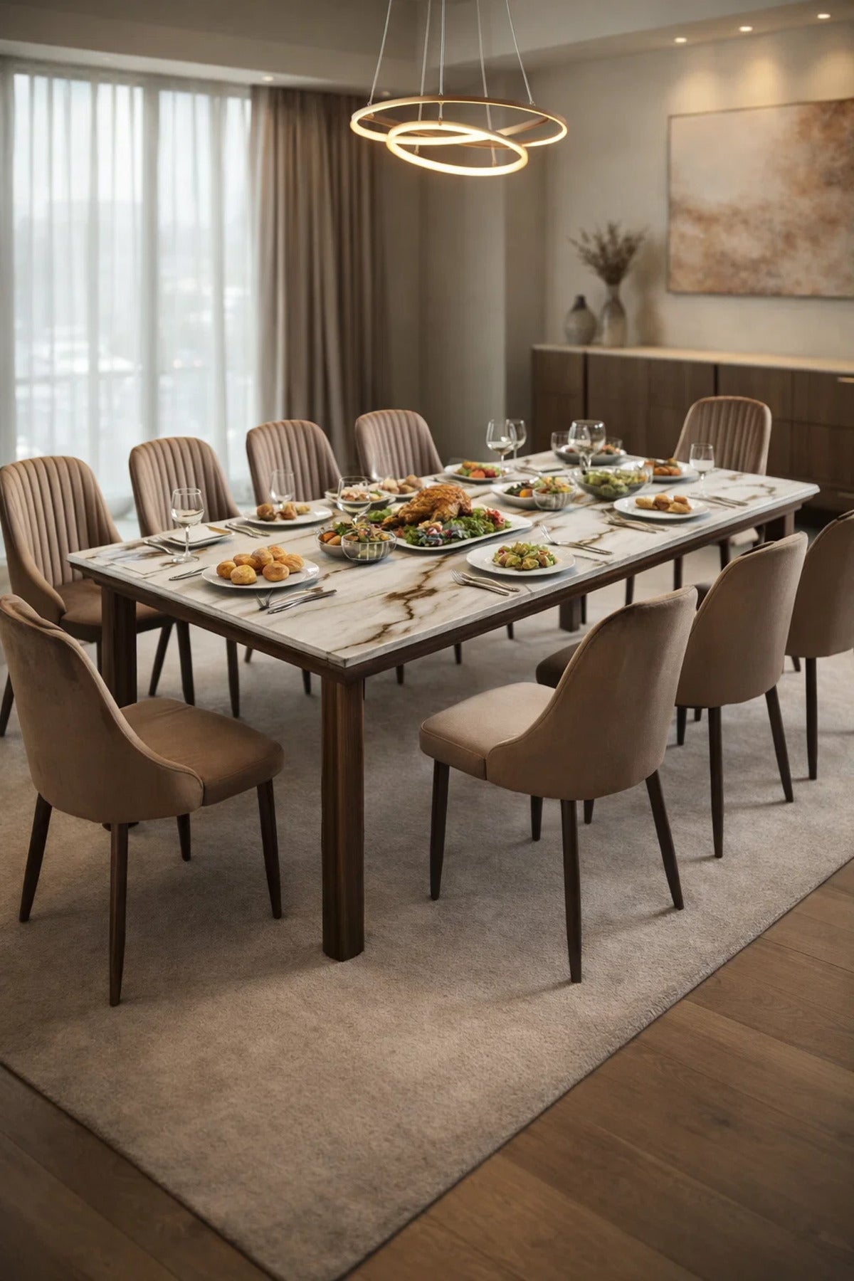Modern 11-Piece Dining Room Set Marble Pattern Table 225cm with 10 Upholstered Chairs Brown