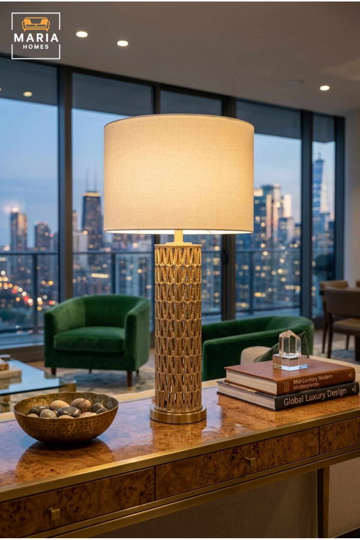 Luxury Gold Lattice Table Lamp with White Drum Fabric Shade and Decorative Cylindrical Base for Bedroom, Living Room, Office, Hotel and Bedside Décor