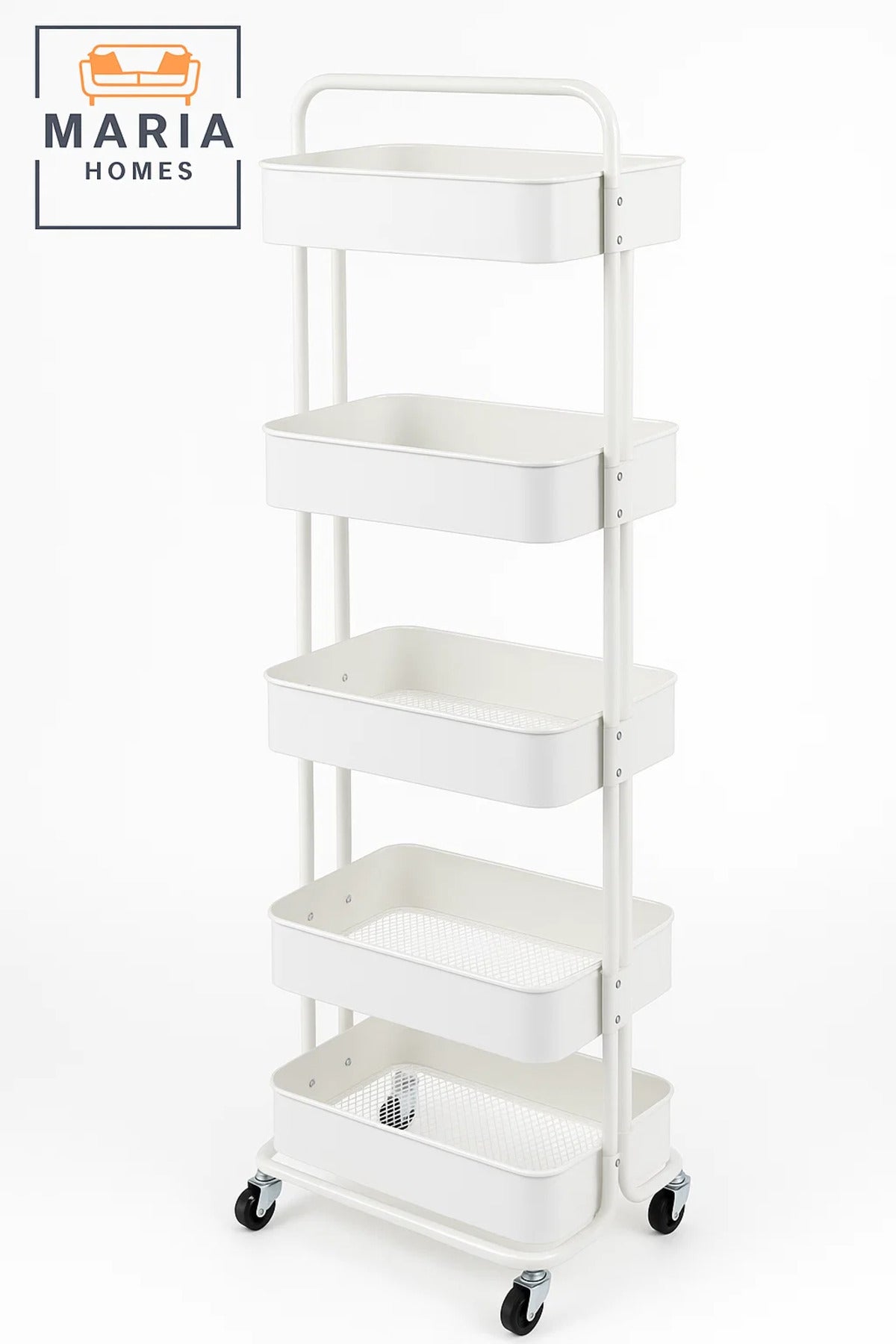 5-Tier Rolling Storage Cart Ð White Metal Wheels for Home, Office, Kitchen Use