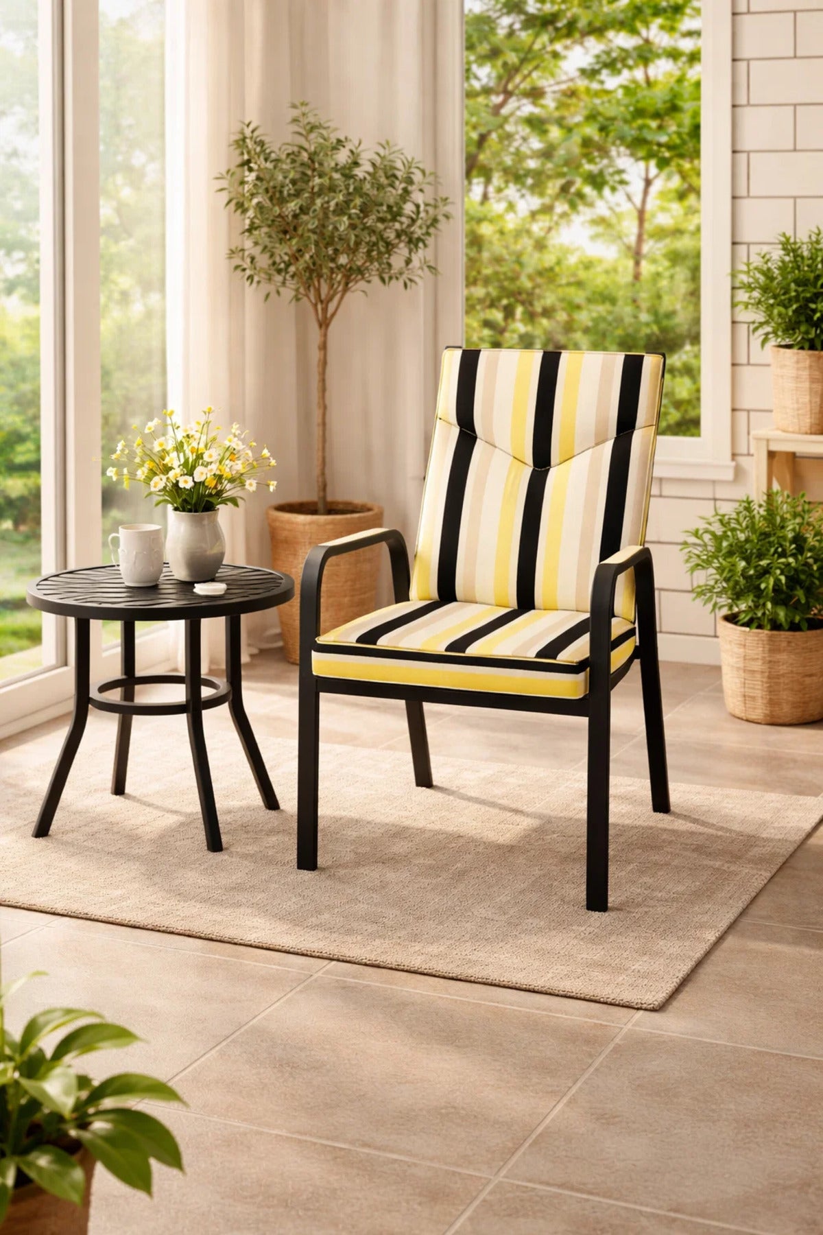 Modern Striped Lounge Chair with Yellow Accents Ð Comfortable and Stylish Outdoor Seating