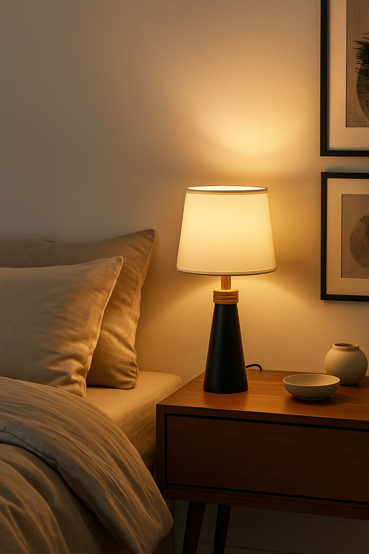 Modern Black Table Lamp Ð Wooden Base with White Fabric Shade for Bedroom & Living Room
