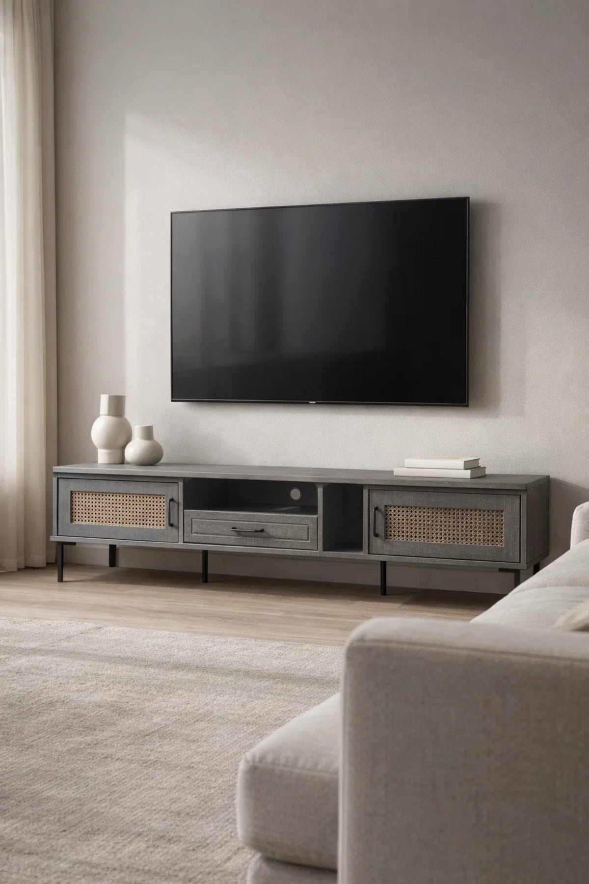 Grey TV Stand Ð 200x40x46 cm Modern Plasma Table with Cabinets & Drawer