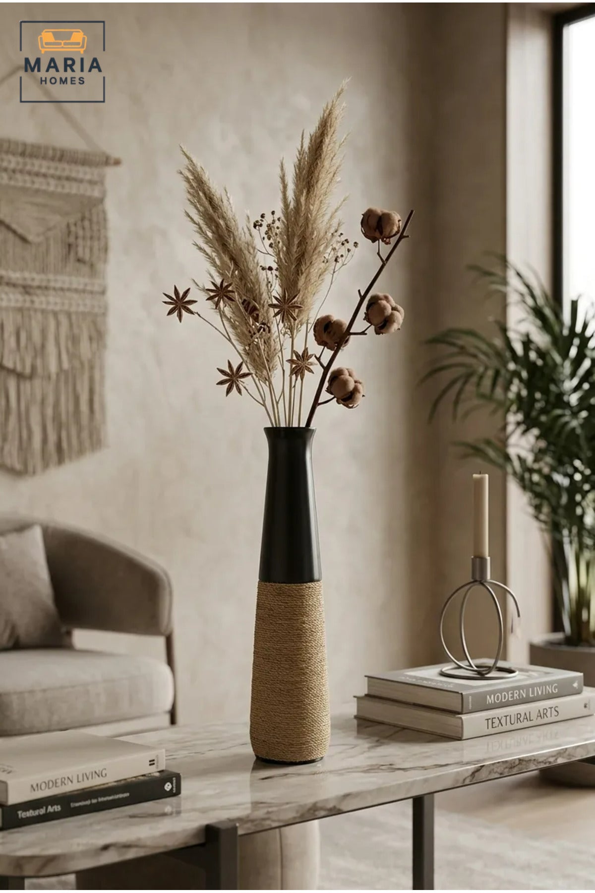 Modern Tall Decorative Flower Vase with Natural Rope Detail and Narrow Neck for Living Room, Bedroom, Office, Floor, Shelf and Console Table Décor