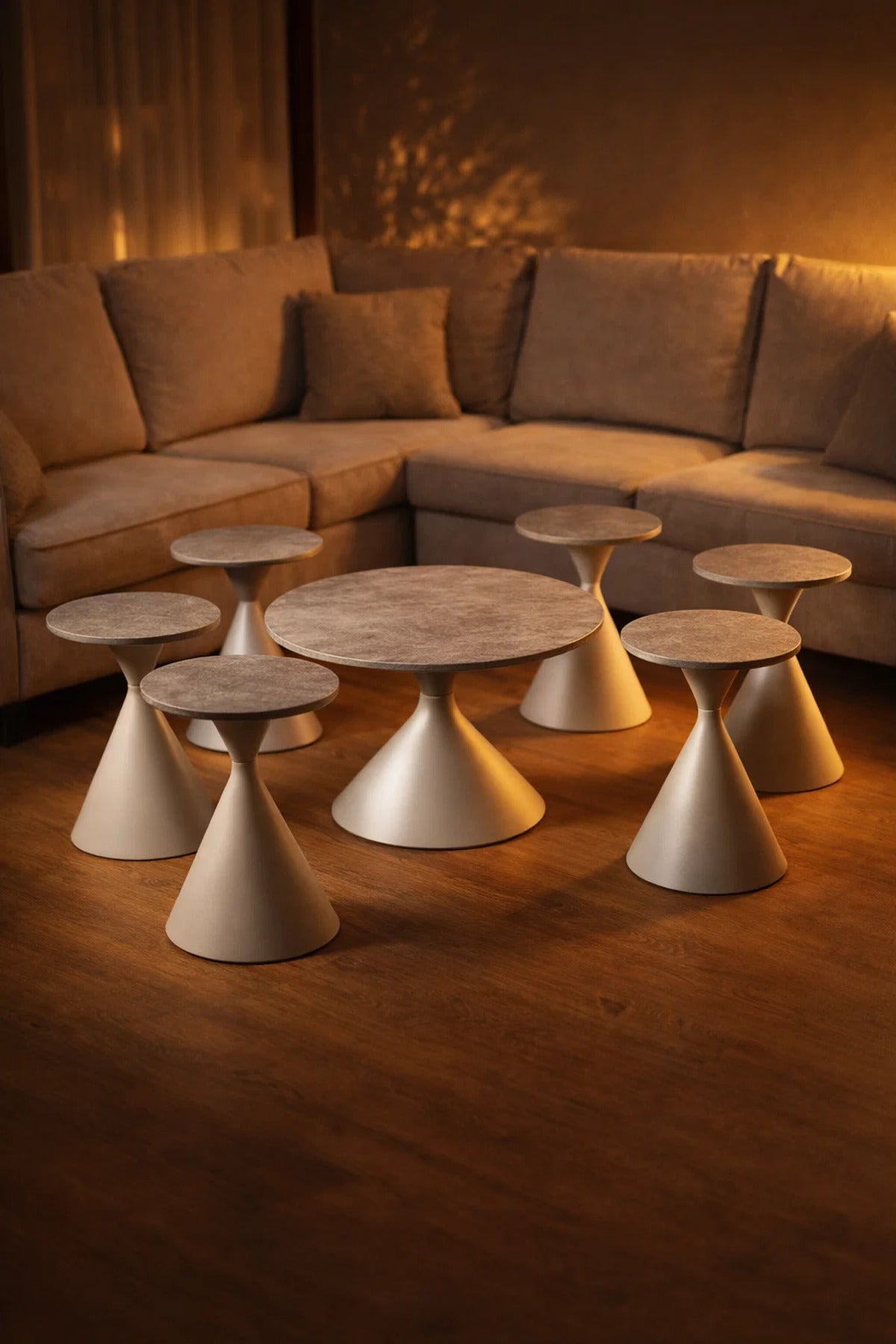 Modern 7-Piece Center Table Set Round Grey Top White Cone Base 1 Large 6 Small for Living Room