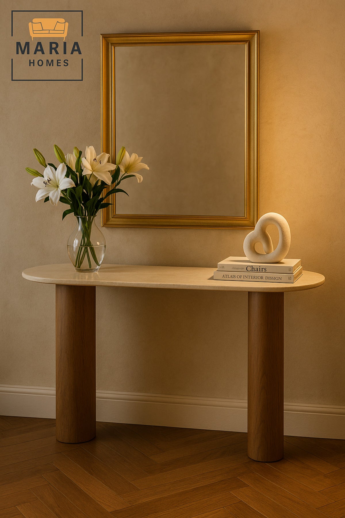 Modern Console Table Ð Beige Marble Top with Brown Wood Legs Ð 140x40x80 cm