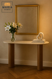 Modern Console Table Ð Beige Marble Top with Brown Wood Legs Ð 140x40x80 cm