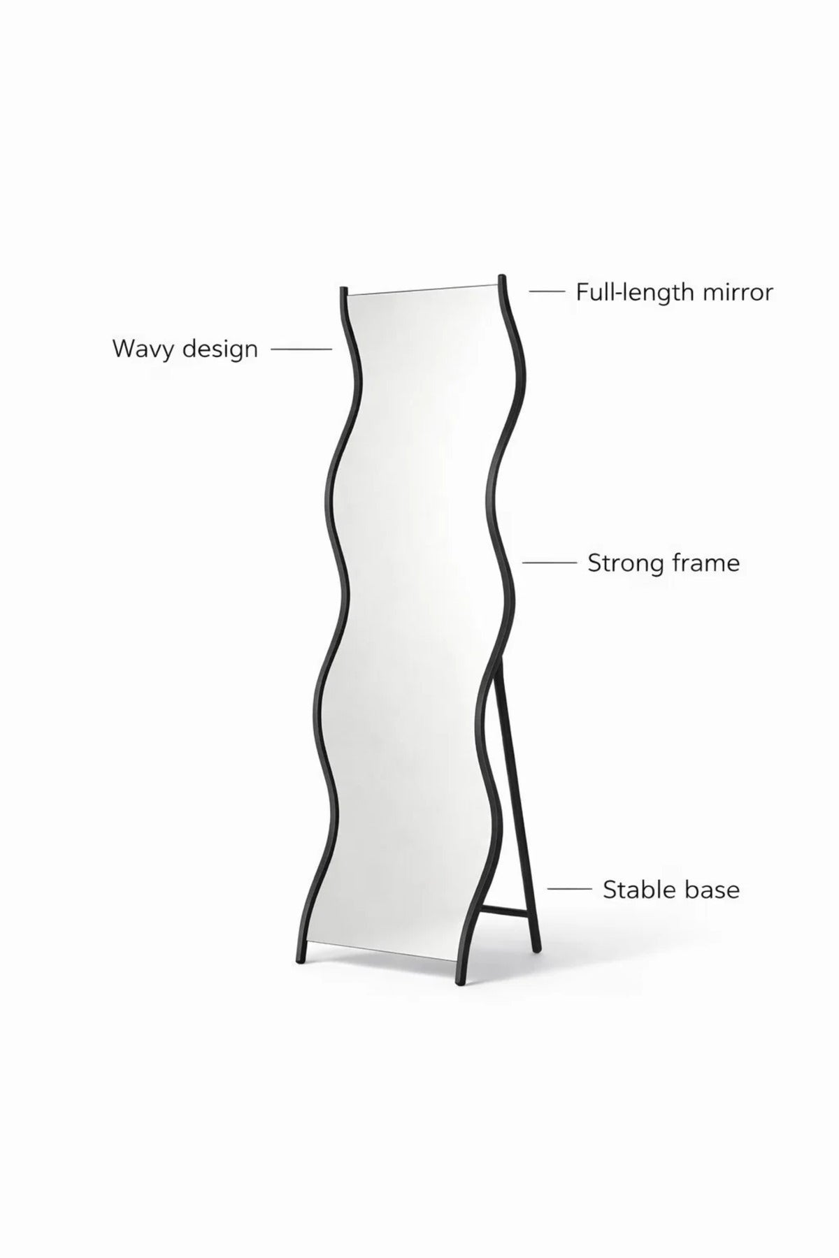 Modern Wavy Full Length Floor Mirror with Black Metal Frame & Stand