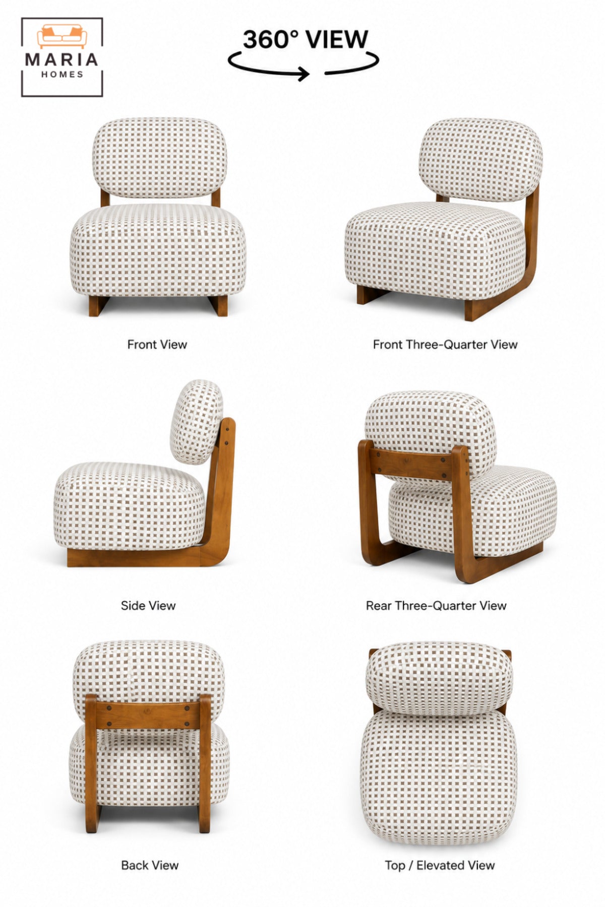 Modern Checkered Upholstered Accent Chair with Wooden Frame & Padded Backrest | Contemporary Armless Lounge Chair for Living Room, Bedroom & Reception
