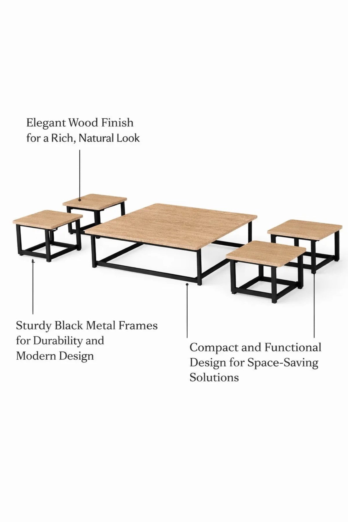 Modern 5-Piece Low Center Table Set Wood Top Black Metal Frame Floor Seating Coffee Table Unit