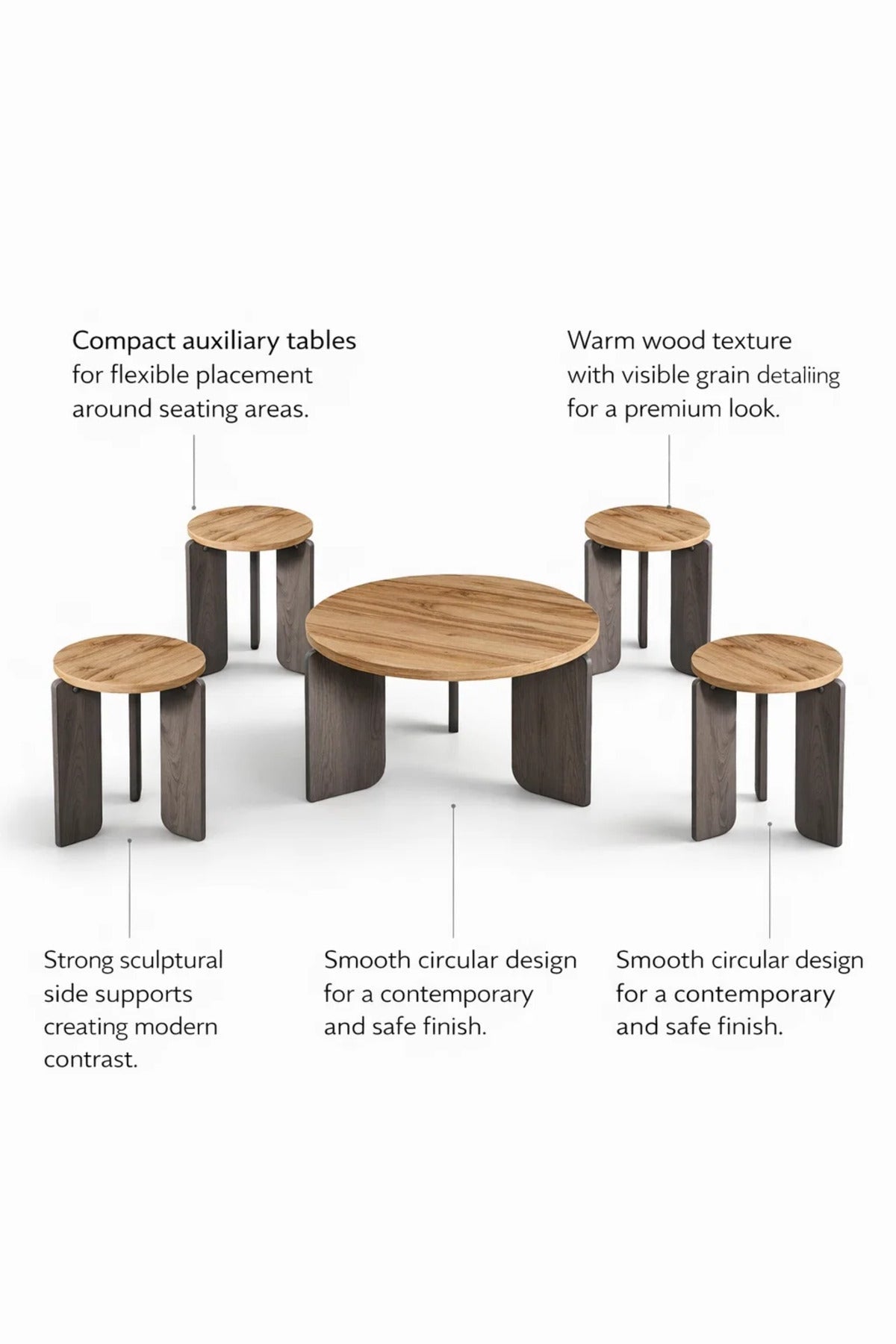 Modern 5-Piece Round Coffee Table Set Wood & Grey Center Table with 4 Side Tables Living Room