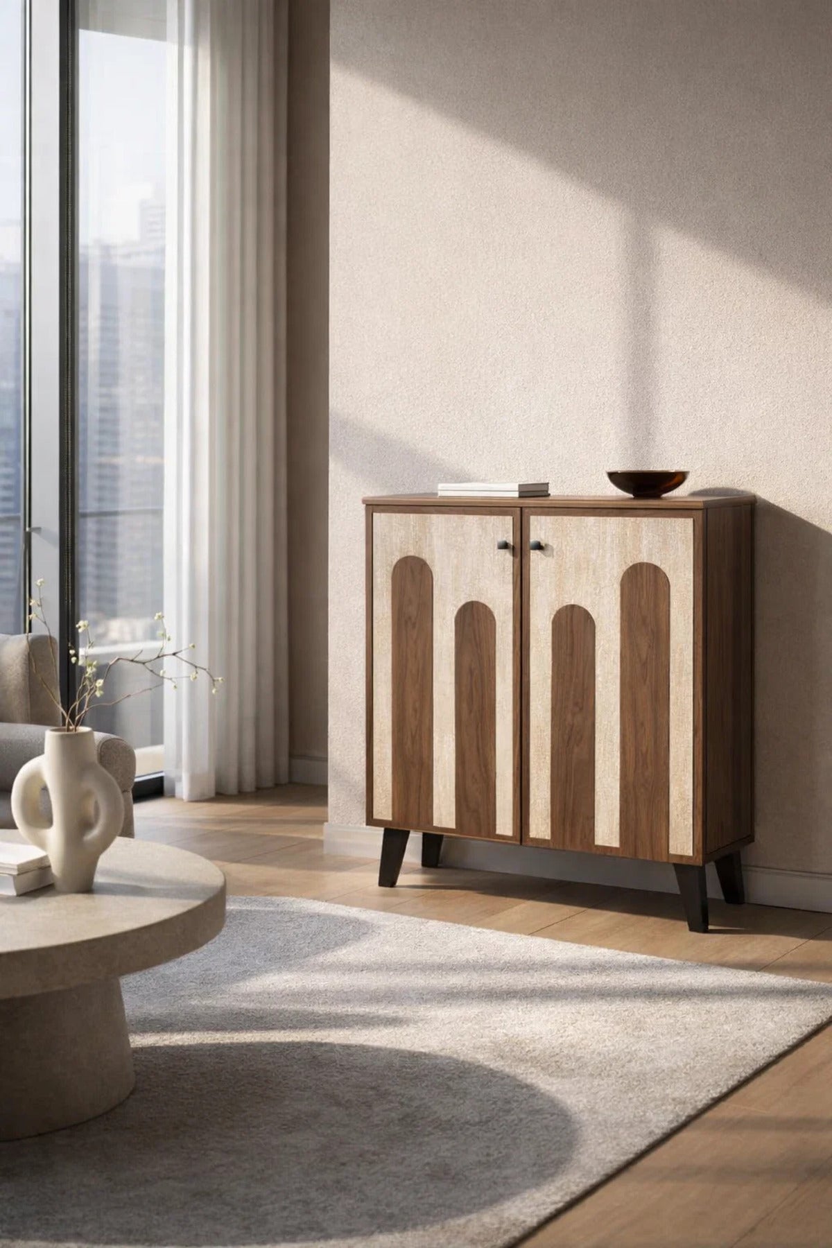 Dark Brown and Beige Shoe Cabinet with Decorative Panel Design 80 x 32 x 93 cm