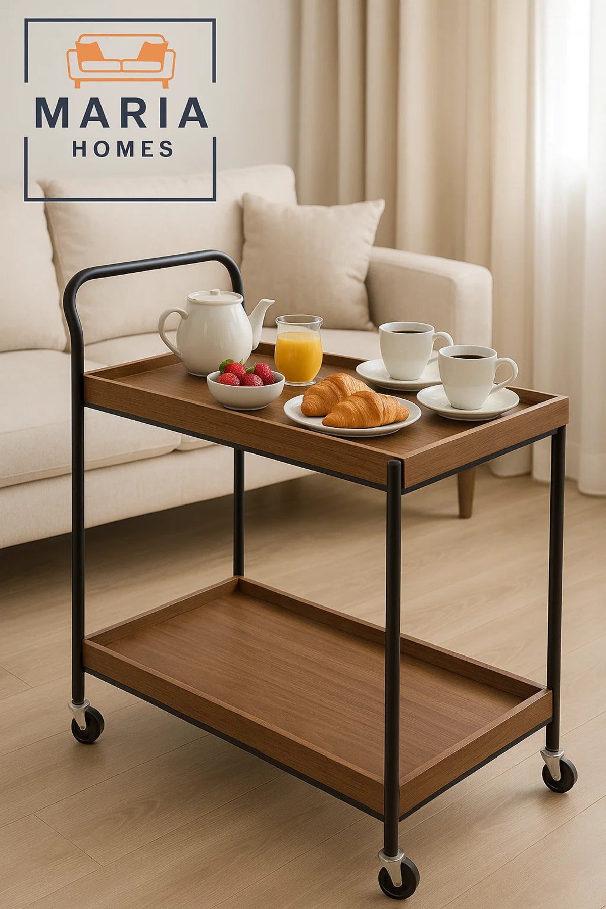 Modern 2-Tier Wooden Bar Cart Ð Walnut Finish Serving Trolley with Black Metal Frame and Wheels