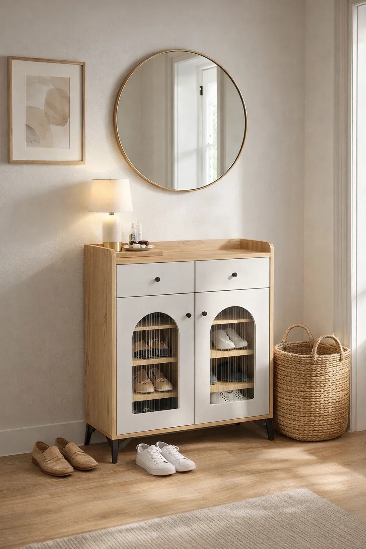 Premium 80cm Shoe Cabinet Sideboard with Drawers and Arched Glass Doors for Hallway Living Room
