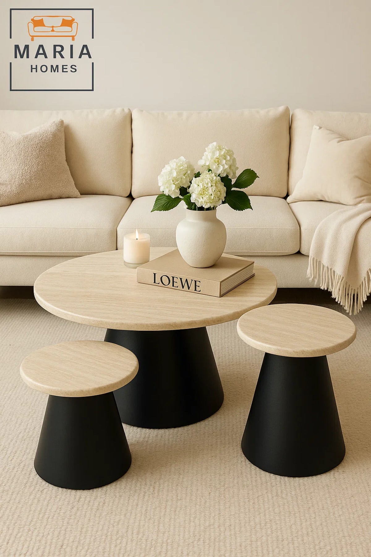 Modern Nesting Coffee Table Set 3-Piece Beige Marble Top with Black Cone Base for Living Rooms